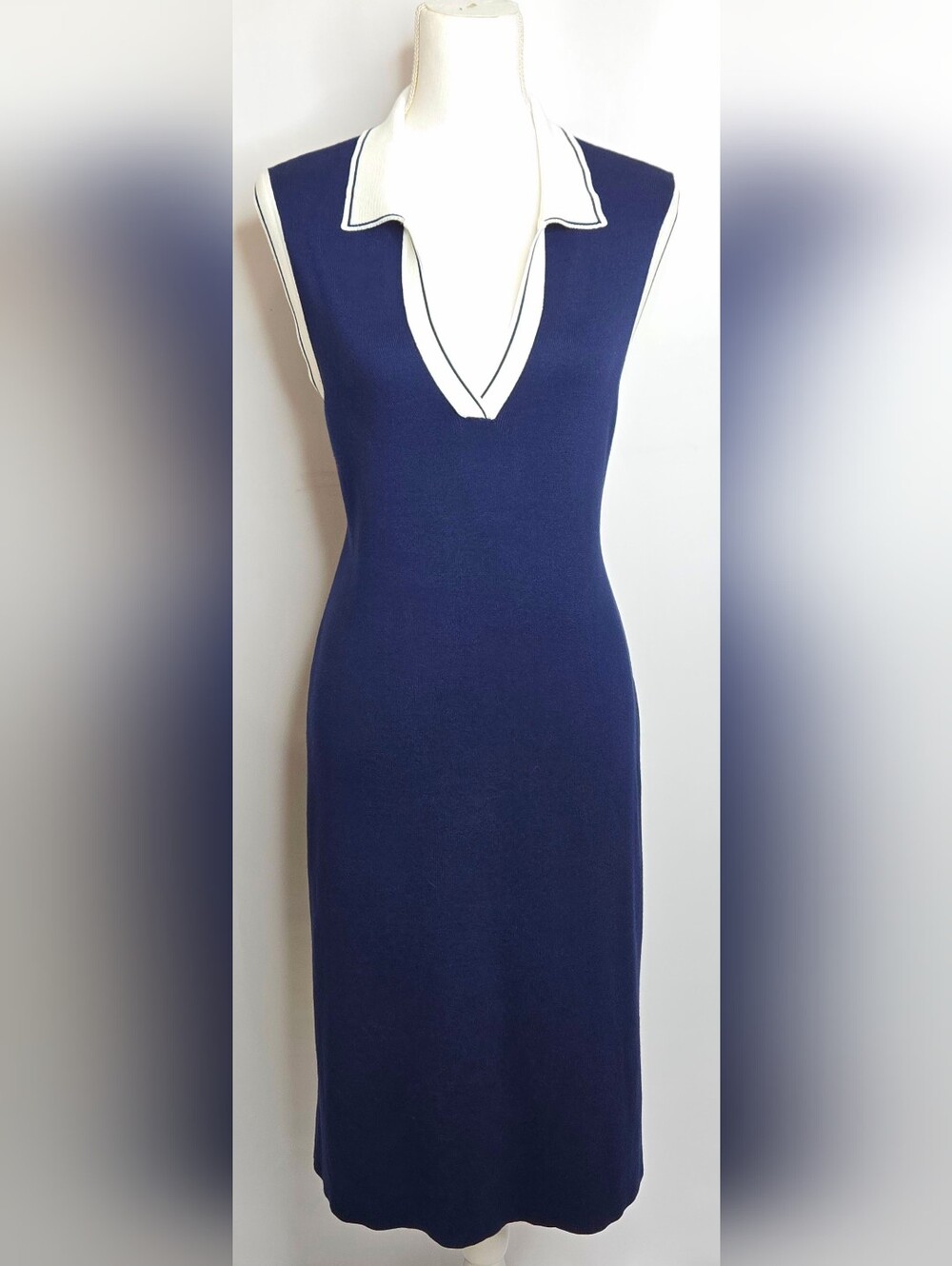 Karl Lagerfeld Parisβ Navy White Contrast Collar Sleeveless Knit Dress NWOT L